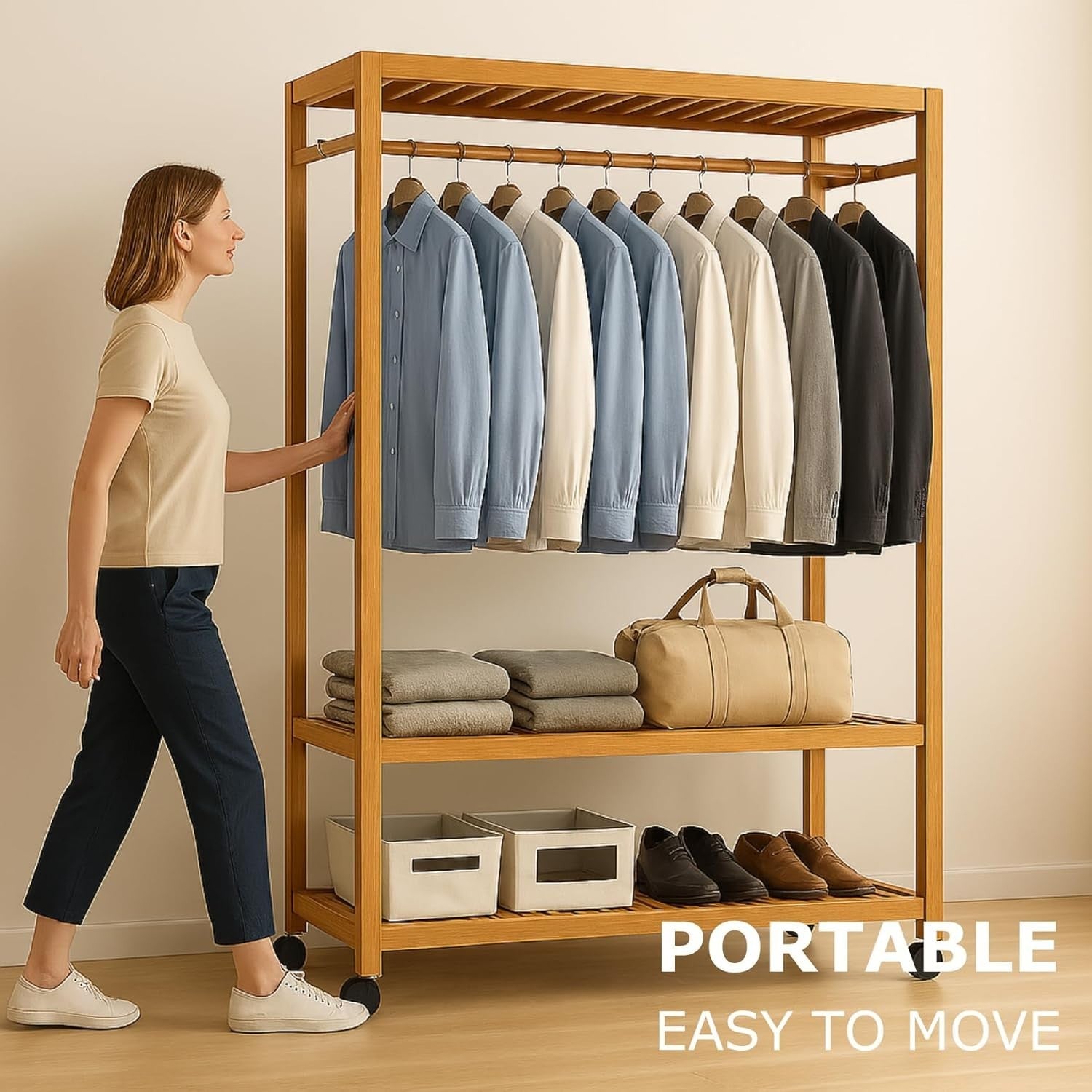 Bamboo Clothes Rack with Wheels & Shelves – Natural