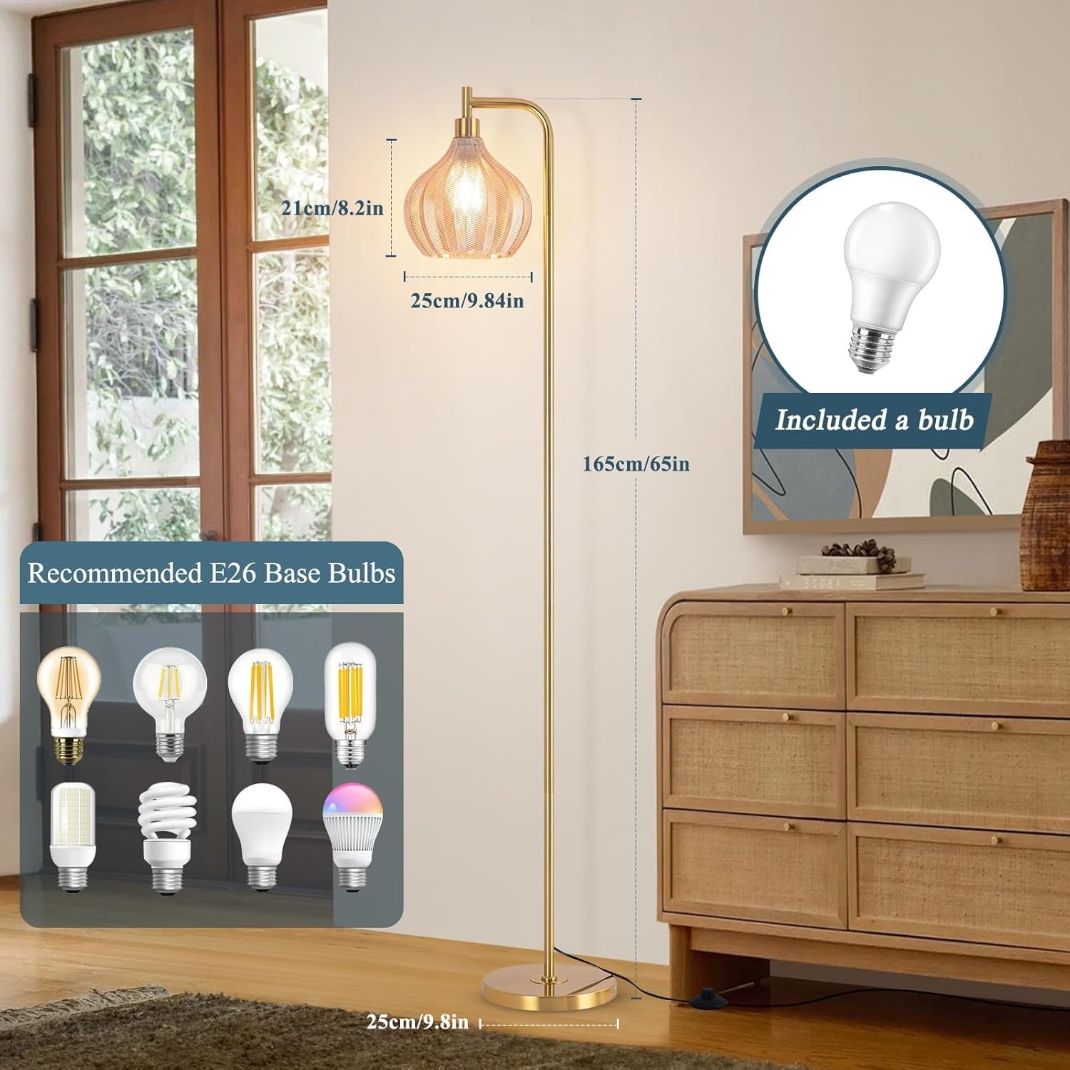 Gold Arc Floor Lamp Dimmable Remote Amber Glass Shade LED Tall Standing