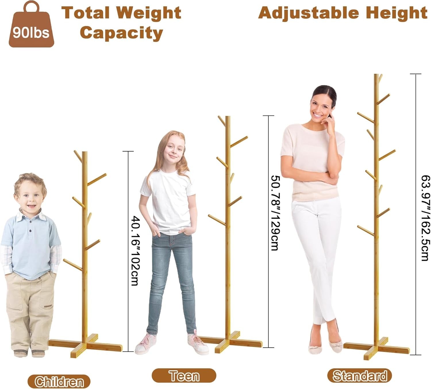 Freestanding Wooden Coat Rack 9 Hooks Adjustable Height Hall Tree Stand