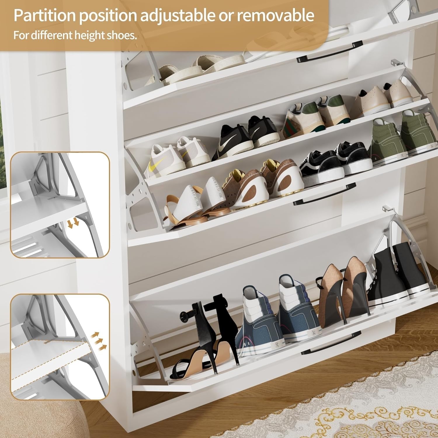 Slim Wooden Shoe Cabinet 3-Door Flip Storage, Adjustable Shelves, 32 Pairs