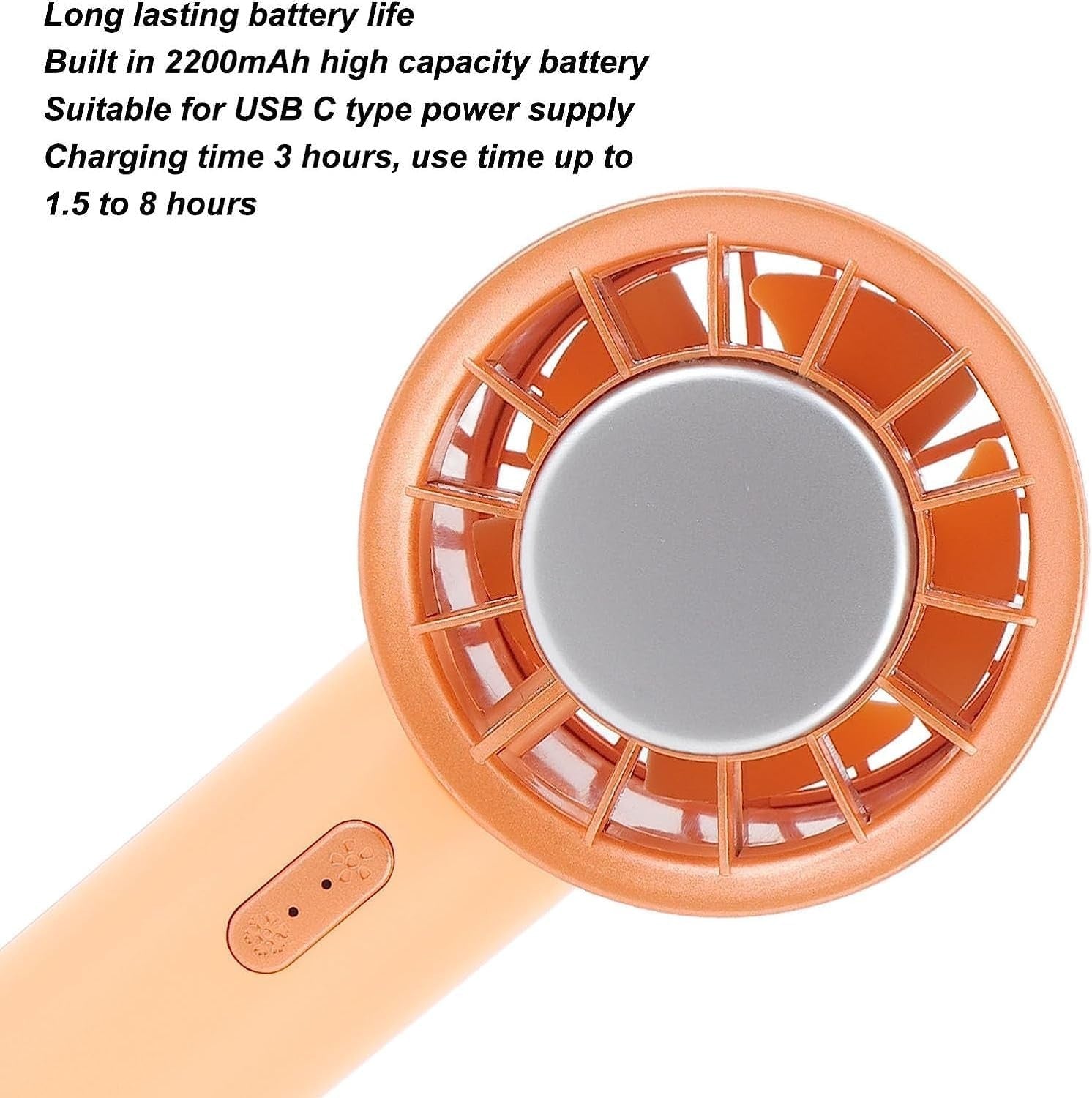 Orange 3-Speed Mini Fan – USB Rechargeable Handheld & Desk Fan w Detachable Base