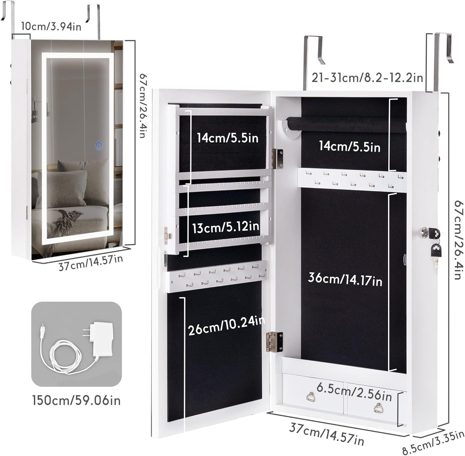 White LED Mirror Jewellery Cabinet Wall Door Mounted Lockable Storage