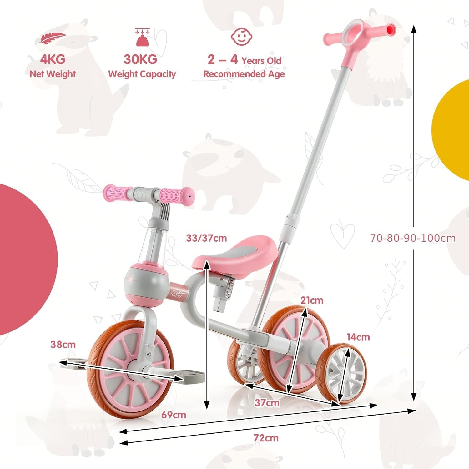 4 in 1 Kids Trike Balance Bike Push Tricycle Adjustable Handle Pink