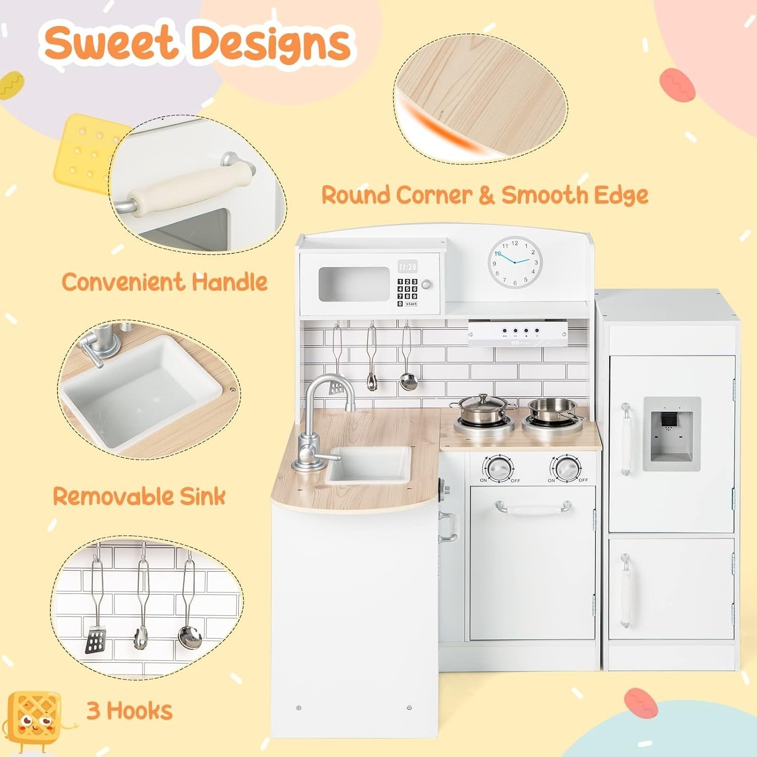 Corner Kids Play Kitchen w/ Fridge Microwave Sink Water Dispenser
