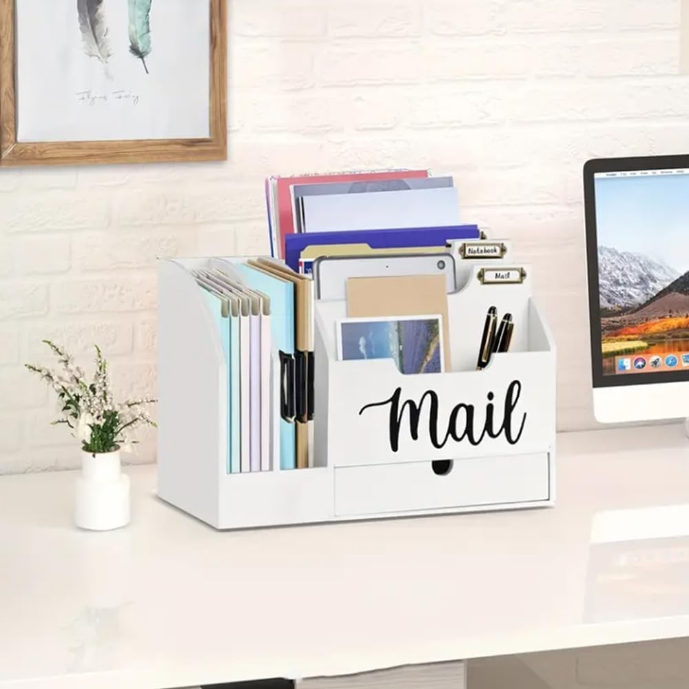 Wood Desk Organizer with 6 Compartments & Drawer – Mail, Files, Stationery