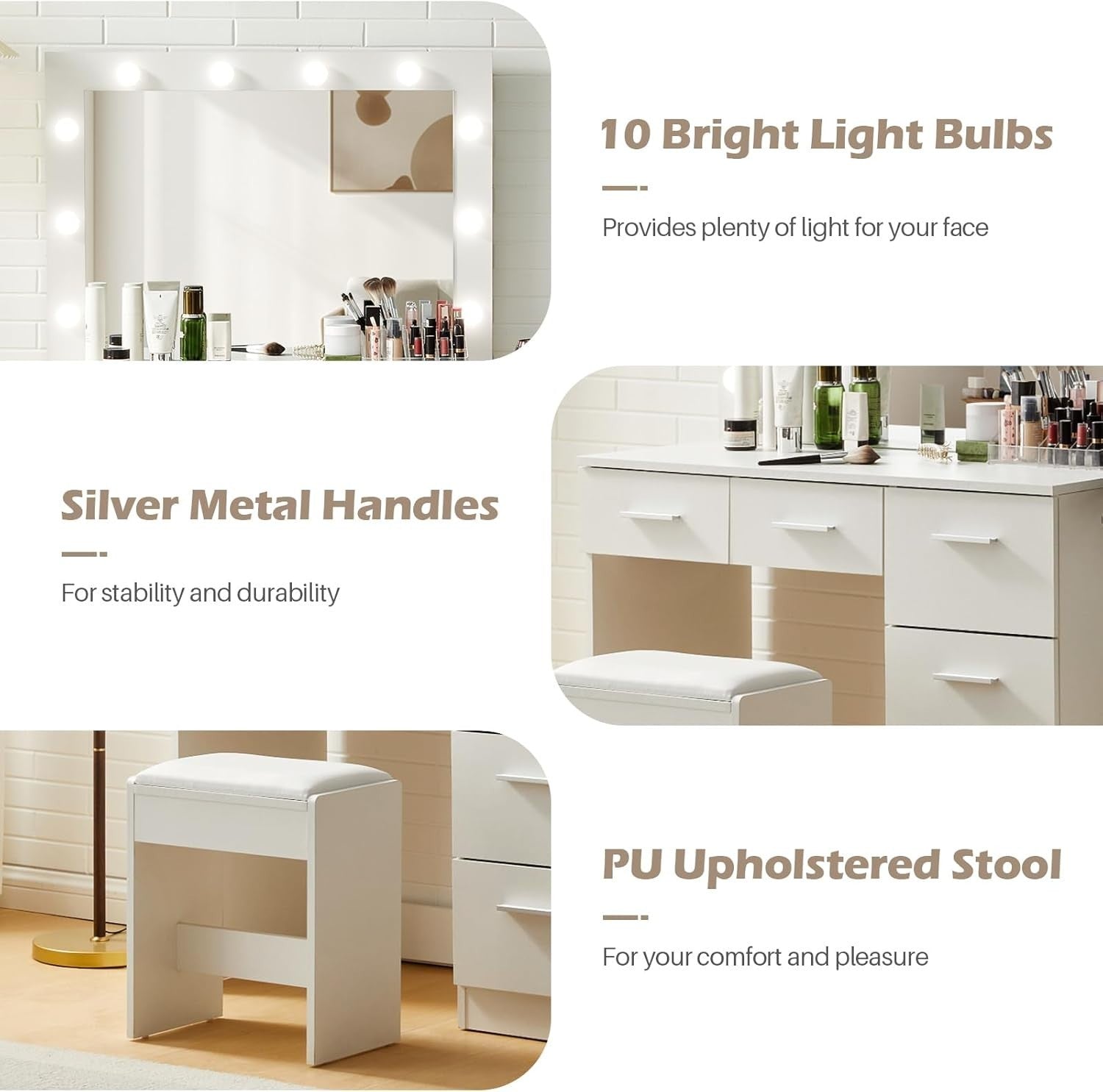 White Dressing Table Set 5 Drawers LED Mirror Charging Station Makeup Vanity