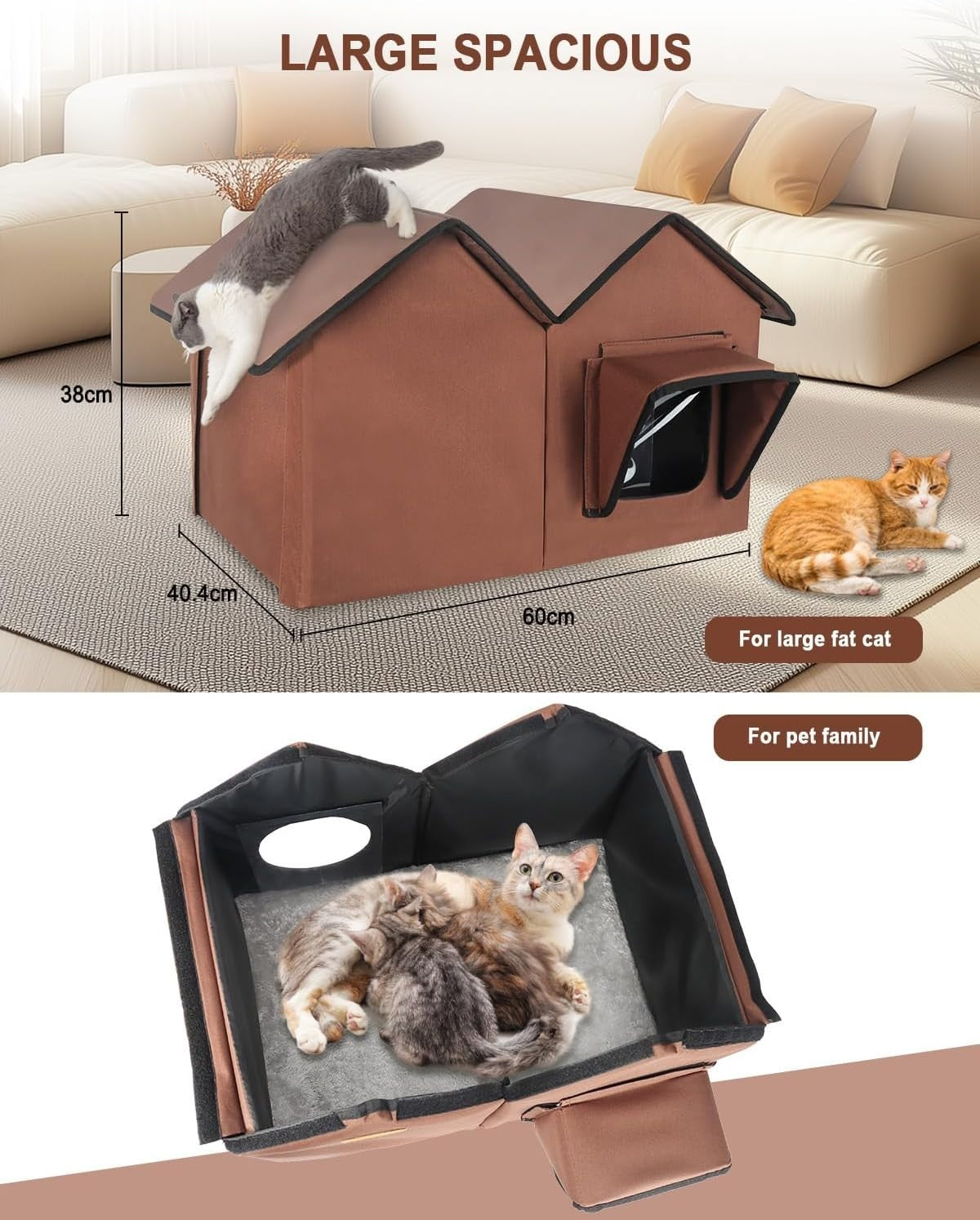 Waterproof Outdoor Cat House Large Kennel with Elevated Base & Cushion