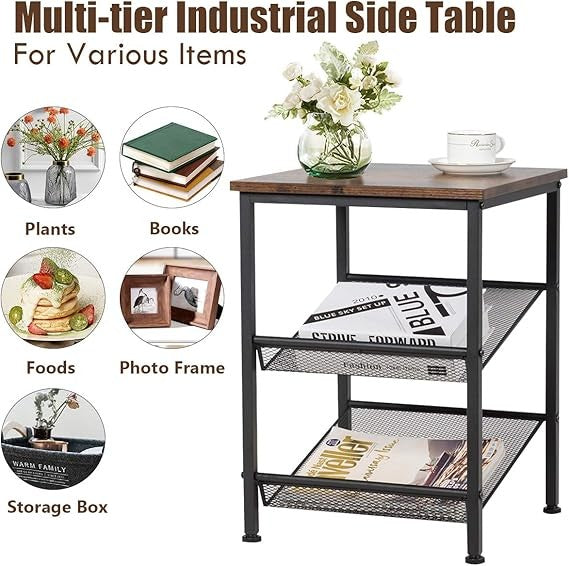 Industrial Side Table with Metal Mesh Shelves, Rustic 3 Tier Storage Stand
