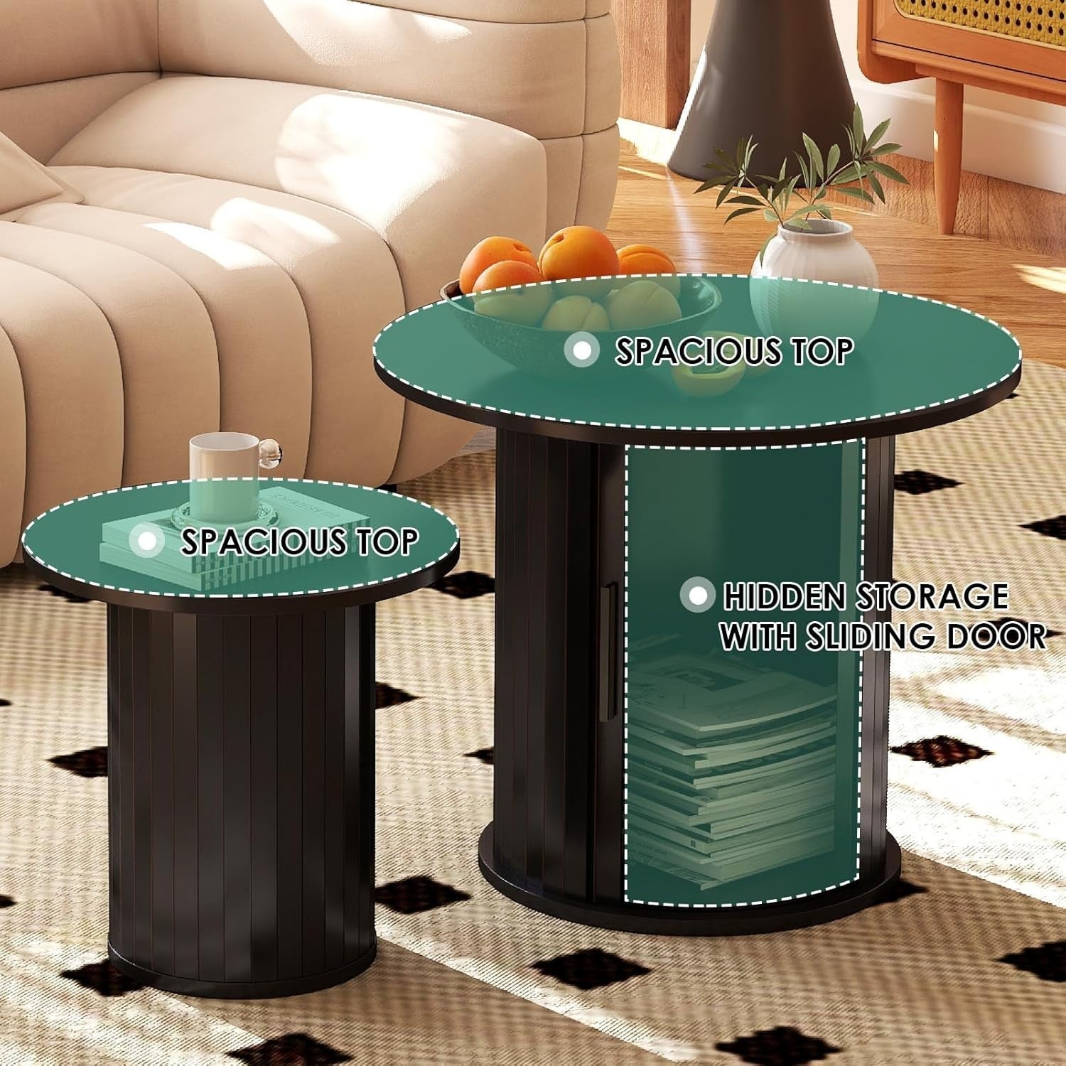 Nesting Coffee Table Set of 2 Round Storage End Side Tables Living Room Black Wo