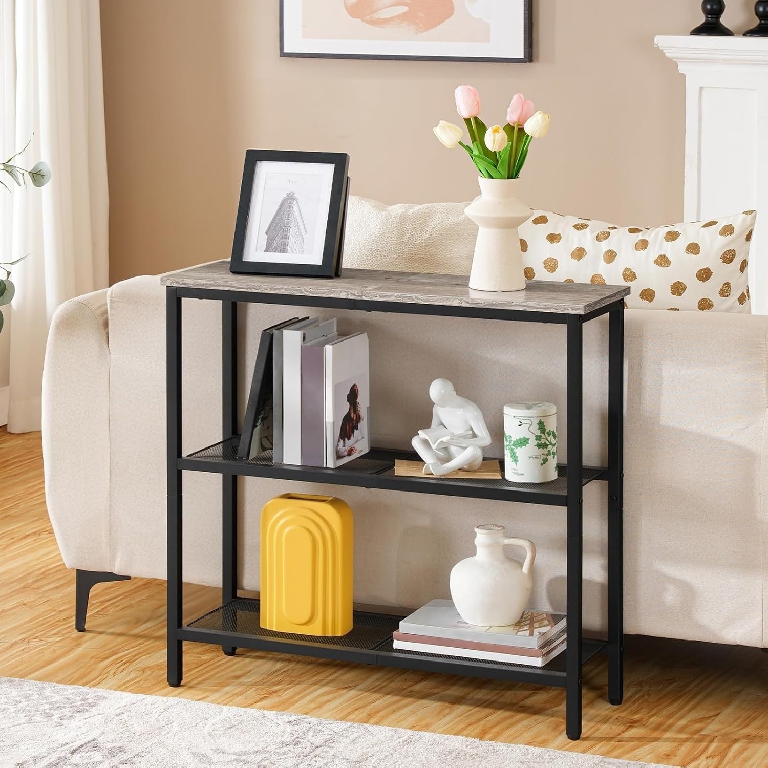 Slim 3-Tier Console Table 75cm Wide Storage Shelf Metal Frame for Small Spaces