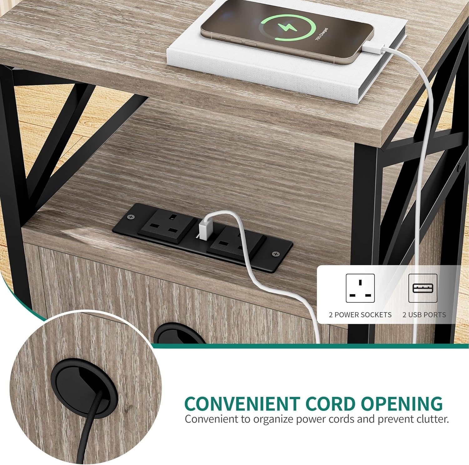Grey Bedside Table with USB Ports & Storage Cabinet | Industrial Metal Frame