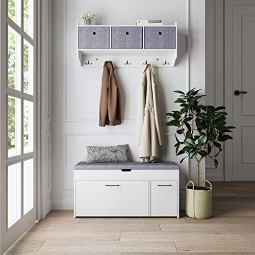 Modern Shoe Storage Bench Seat White Wood Flip Drawer Entryway Hallway Furniture