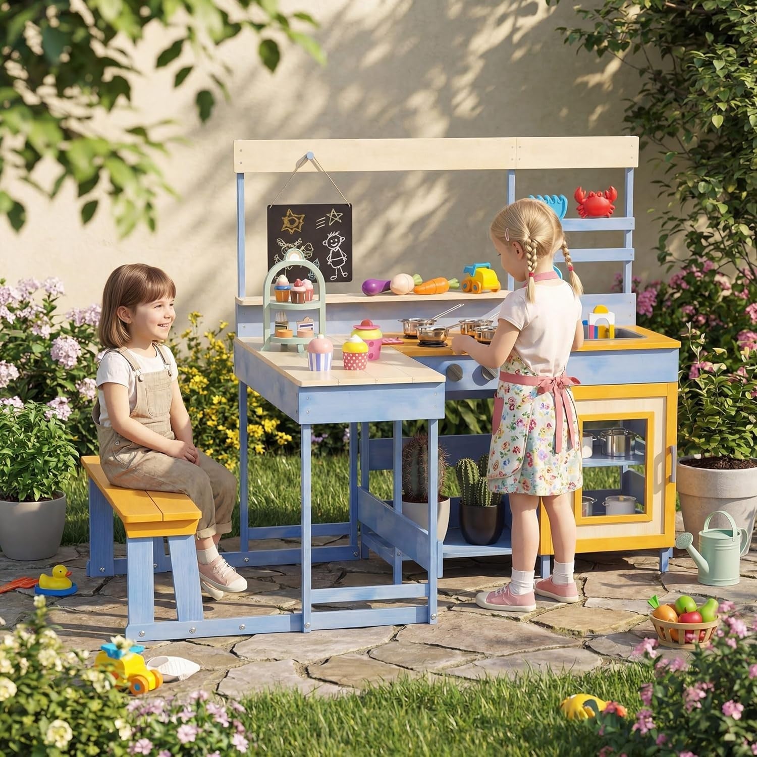 Kids Mud Kitchen Outdoor Wooden Play Kitchen Picnic Table Toy Set