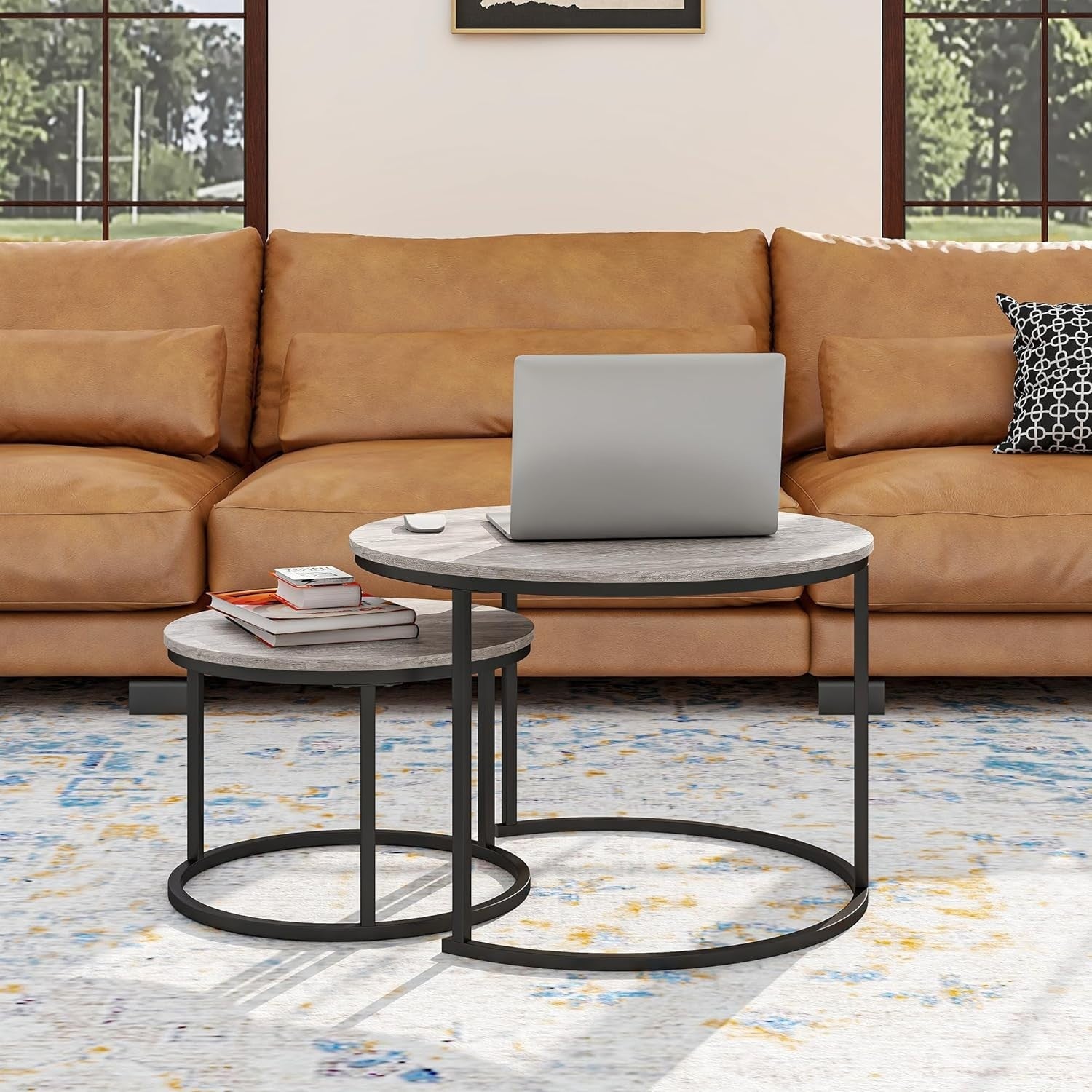 Space Saving Nesting Coffee Table Set Metal Legs Black/Grey End Side Desk