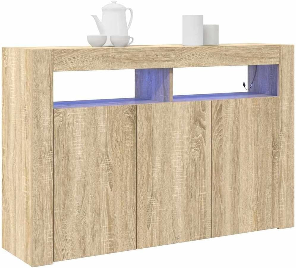 Engineered Wood Sideboard with LED Lights, 8 Compartments, Modern Storage