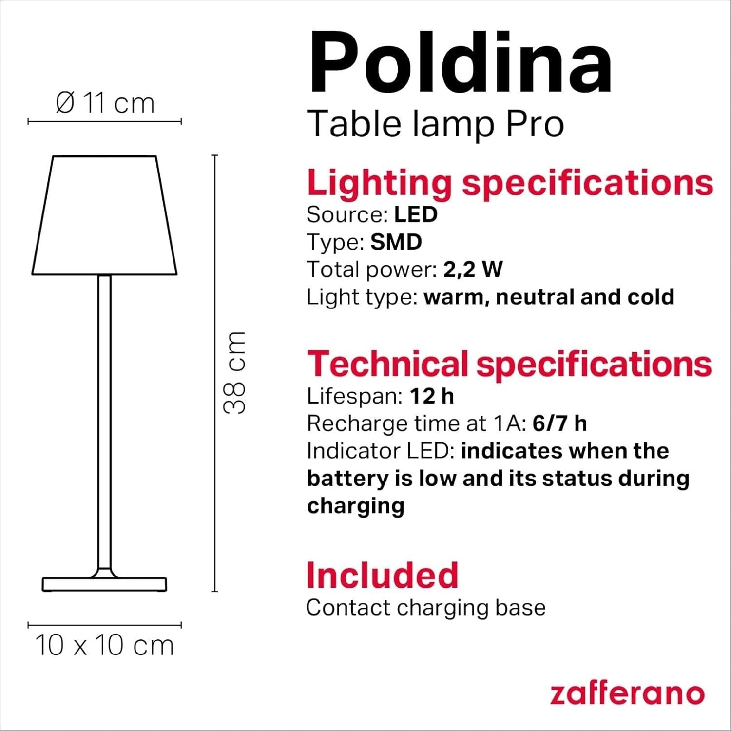 Cordless Rechargeable Table Lamp with Touch Dimmer, Indoor & Outdoor, 38cm