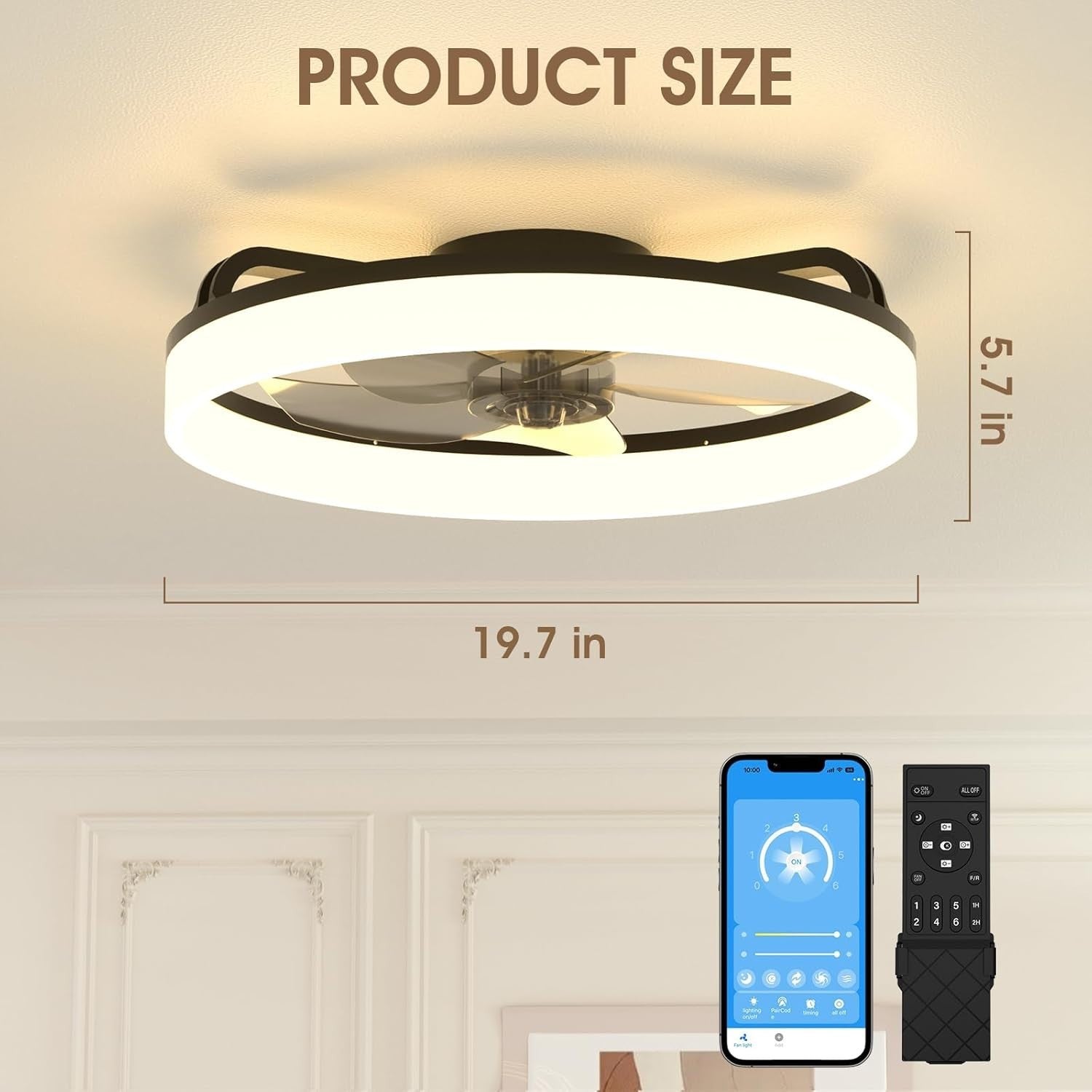 50CM LED Ceiling Fan with Light, 6 Speeds, Remote Control, Dimmable