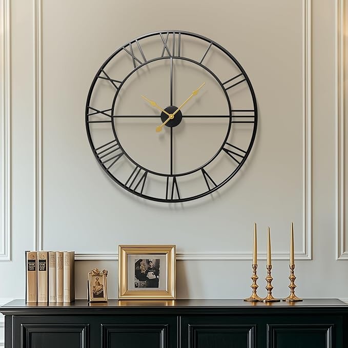 30" Large Silent Metal Wall Clock Modern Black Roman Numeral Home Decor