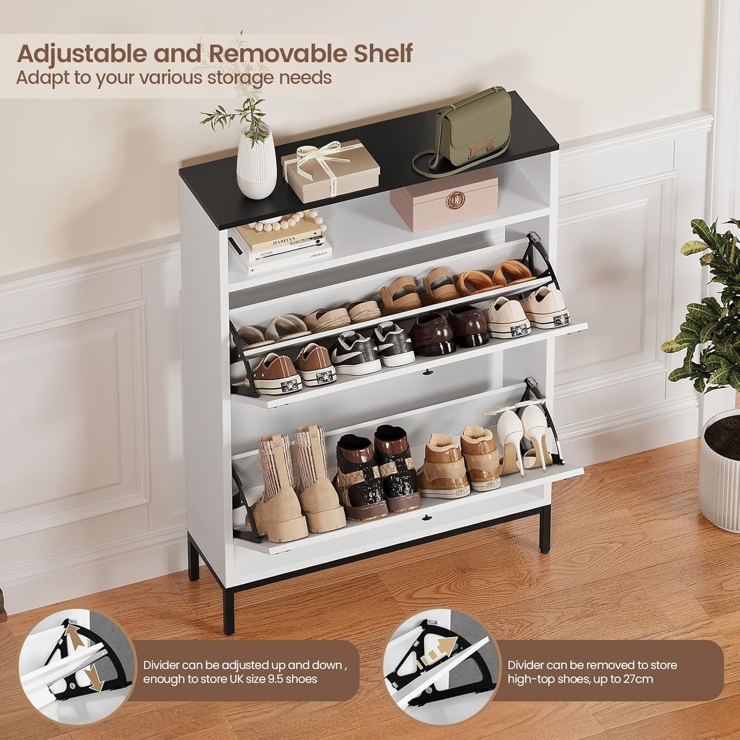3 Tier Shoe Storage Cabinet with 2 Flip Doors & Open Shelf – 80x24x114cm