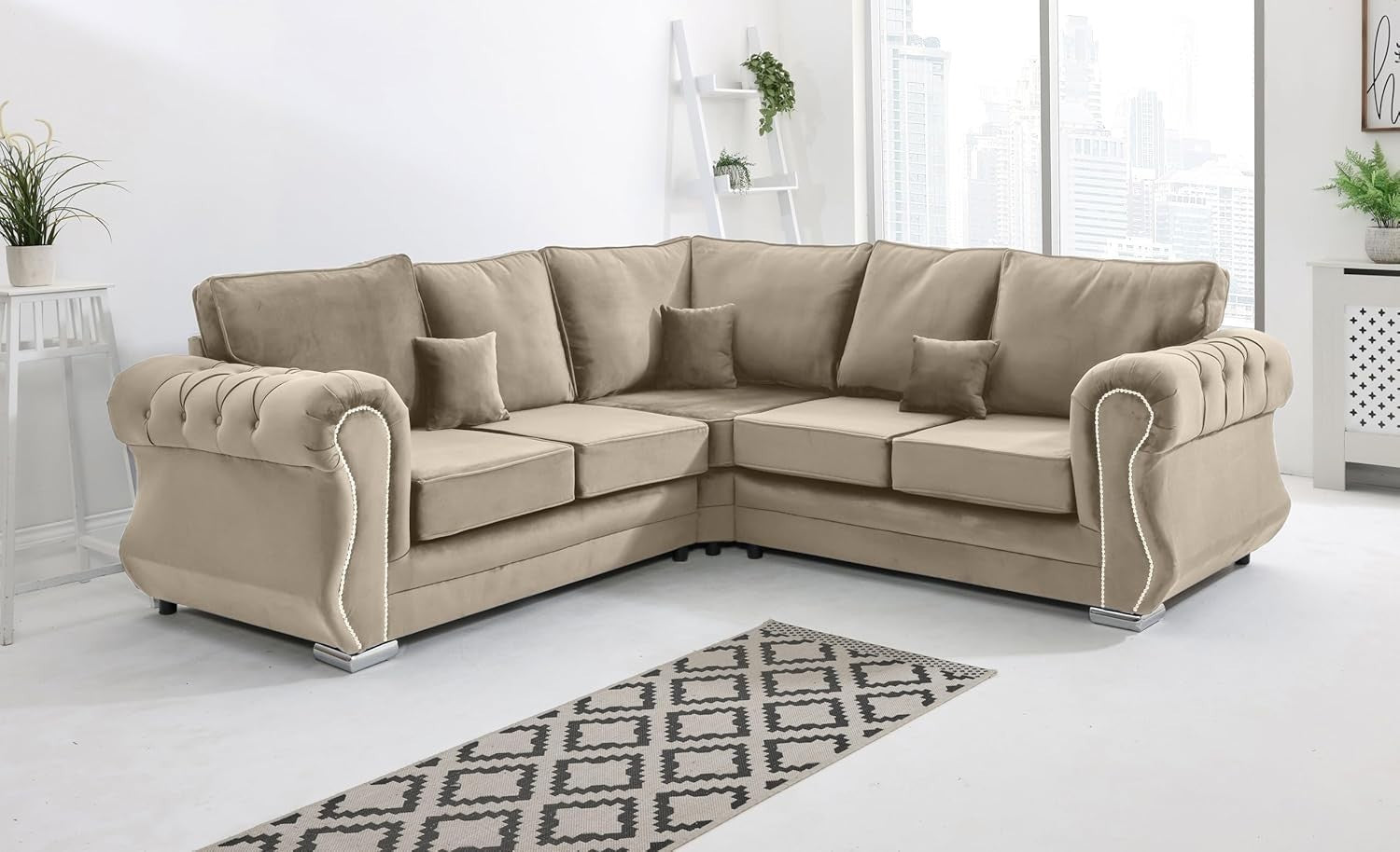 Cream Plush Velvet Corner Sofa 5 Seater Foam Cushions & Chrome Feet