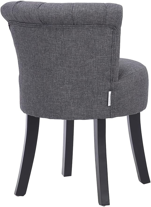 Dark Grey Linen Vanity Chair with Tufted Back – Comfy Wooden Leg Dressing Stool