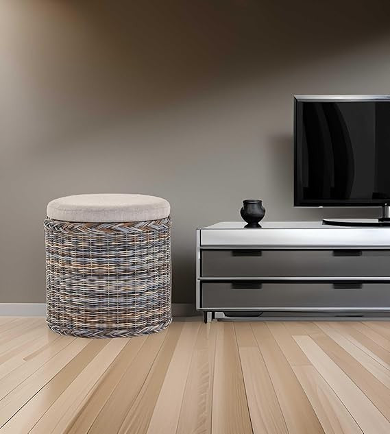 Round Rattan Laundry Basket Seat with Lid 47×47×50cm Multicolor Storage Chest