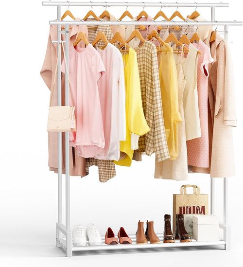 Double Clothes Rail with Shelf & Hooks – White 150cm
