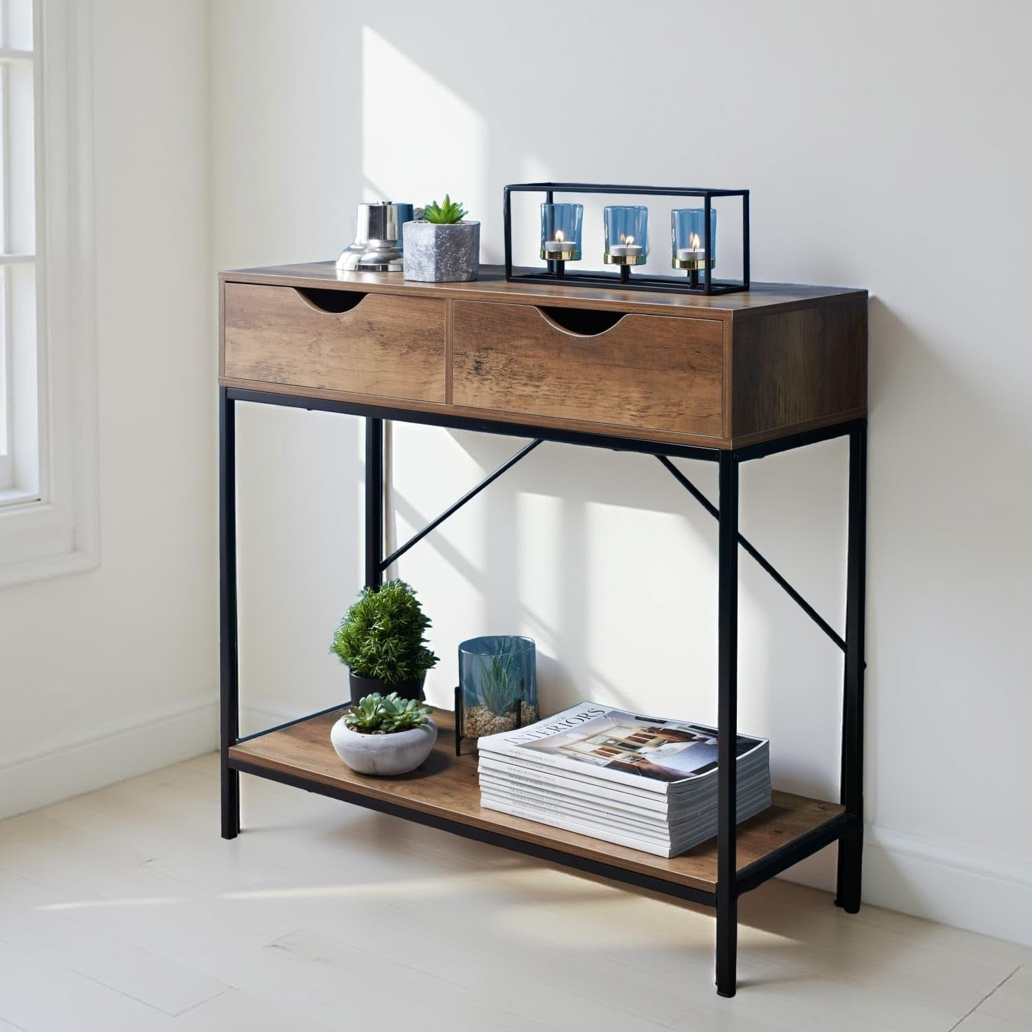 Modern 2-Drawer Console Table with Wooden Shelves & Black Metal Frame