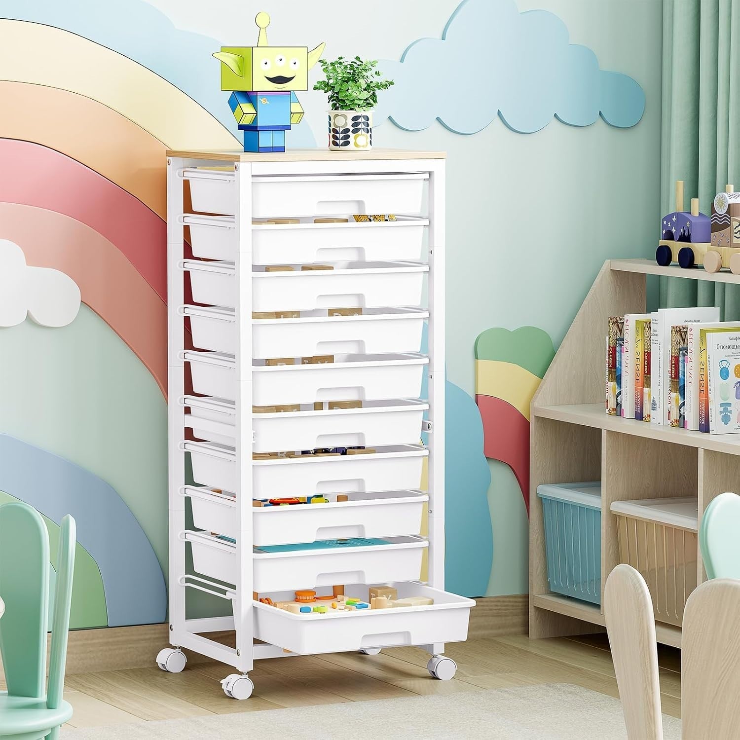 White 10 Drawer Rolling Storage Trolley Craft Organizer with Wooden Top