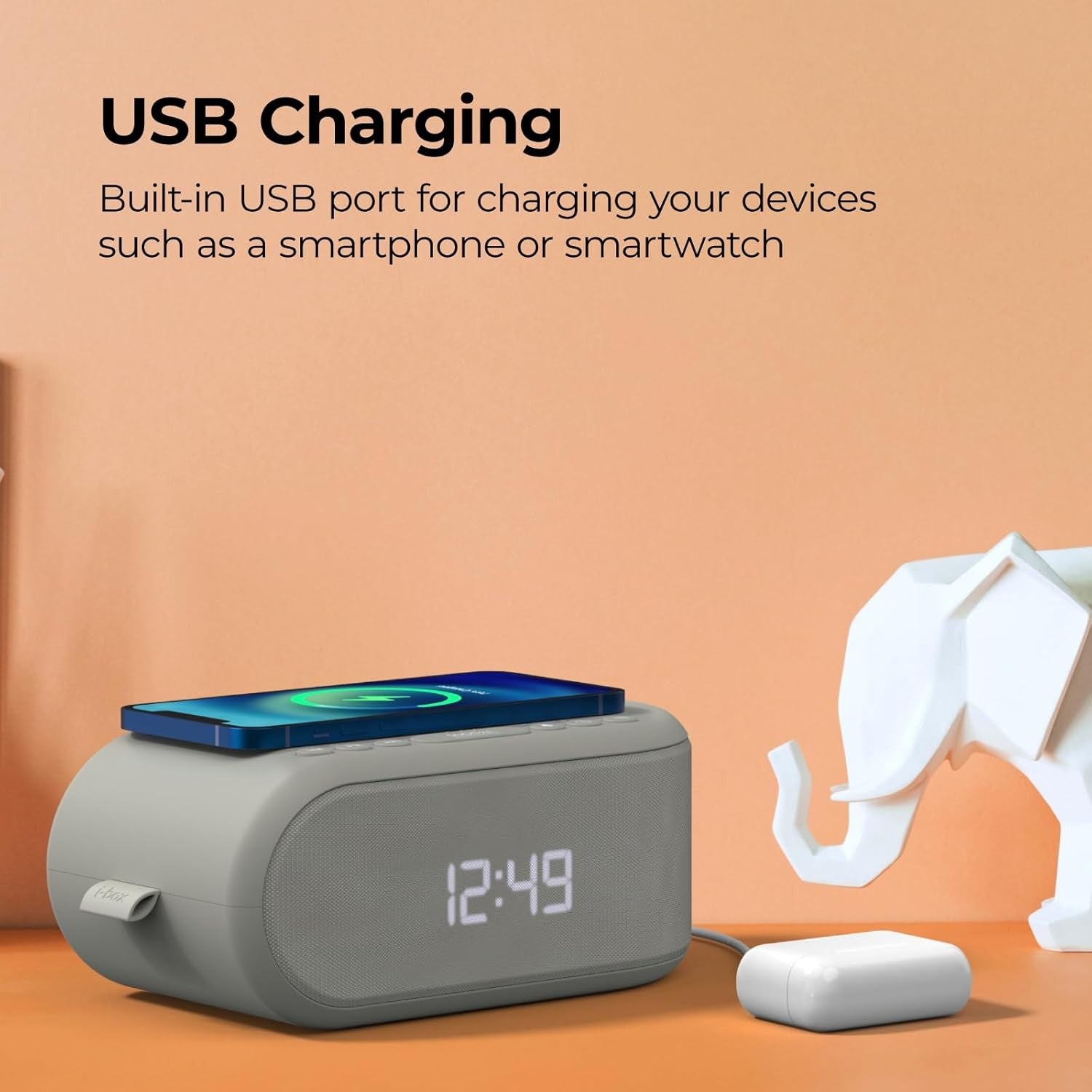 Grey Wireless Charging Alarm Clock Bluetooth Speaker FM Radio Dual Alarm