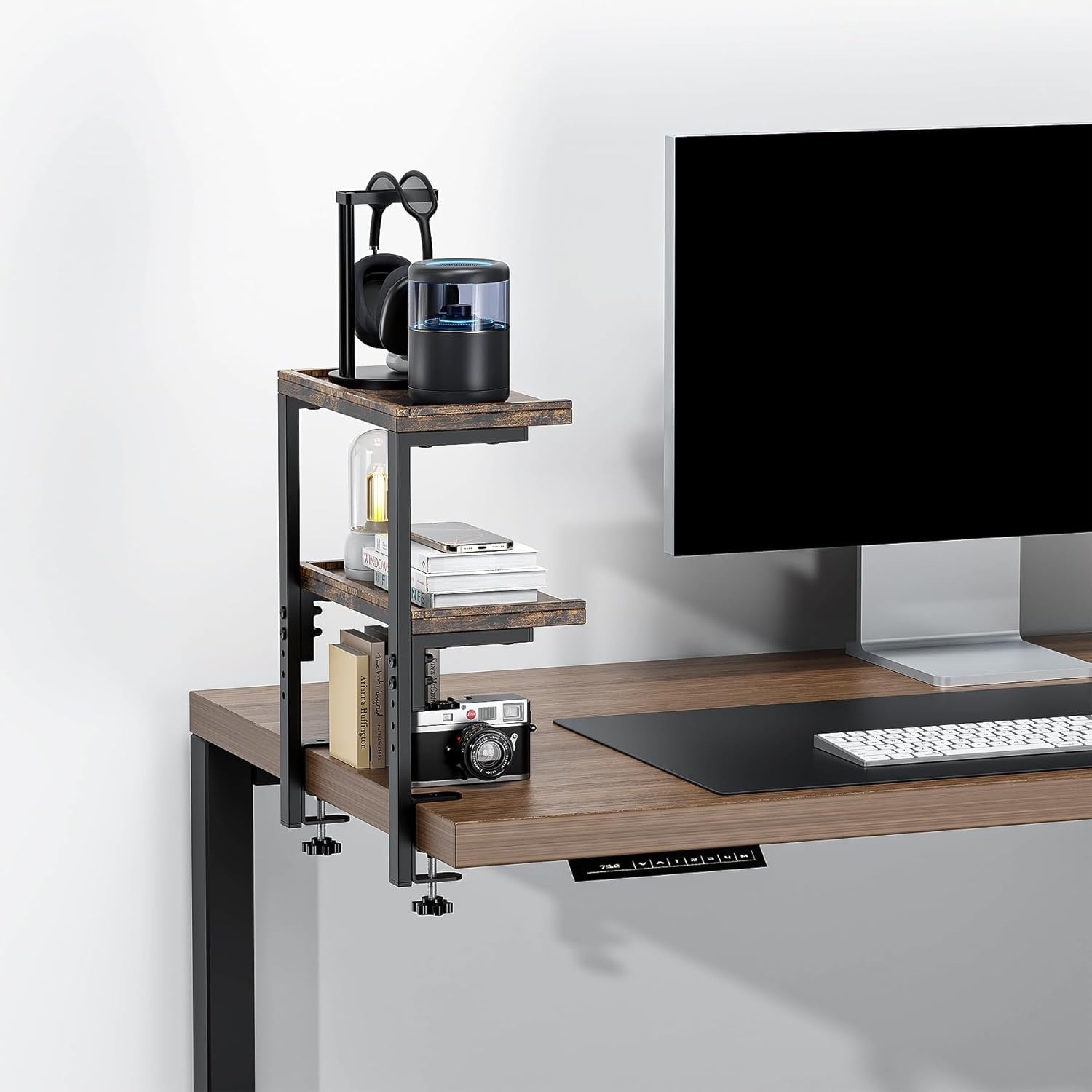 Clamp-On Desk Shelf 2-Tier Adjustable Wood Desktop Organizer Storage Rack