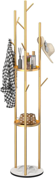 Freestanding Gold Coat Rack with Marble Base | 3 Shelves & Multi Hooks Stand