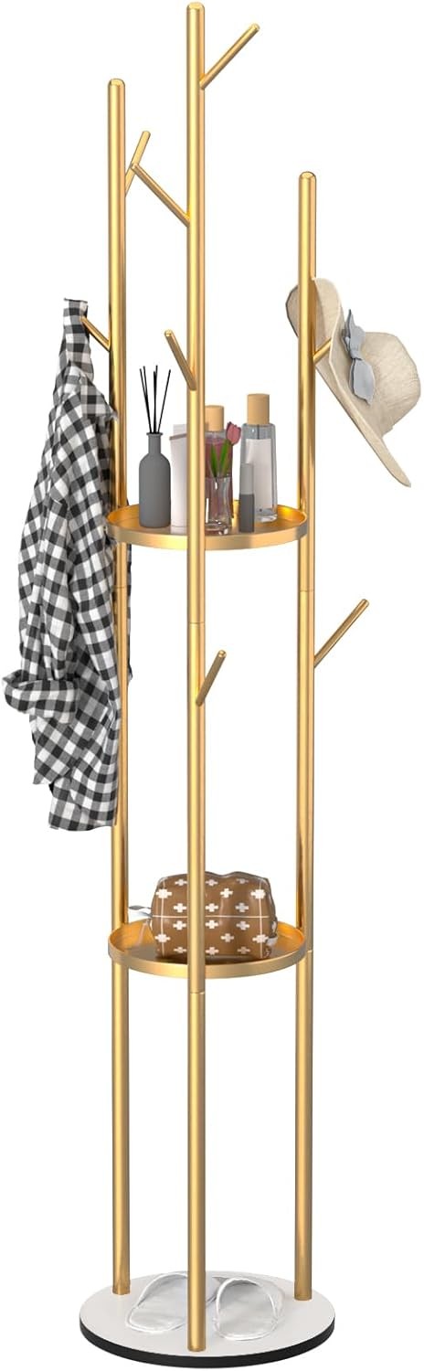 Freestanding Gold Coat Rack with Marble Base | 3 Shelves & Multi Hooks Stand
