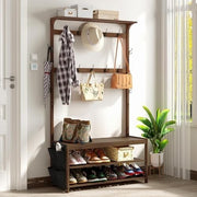 Brown Bamboo Hall Tree Coat Rack Shoe Bench with Shelves & Hooks 100x40x180cm