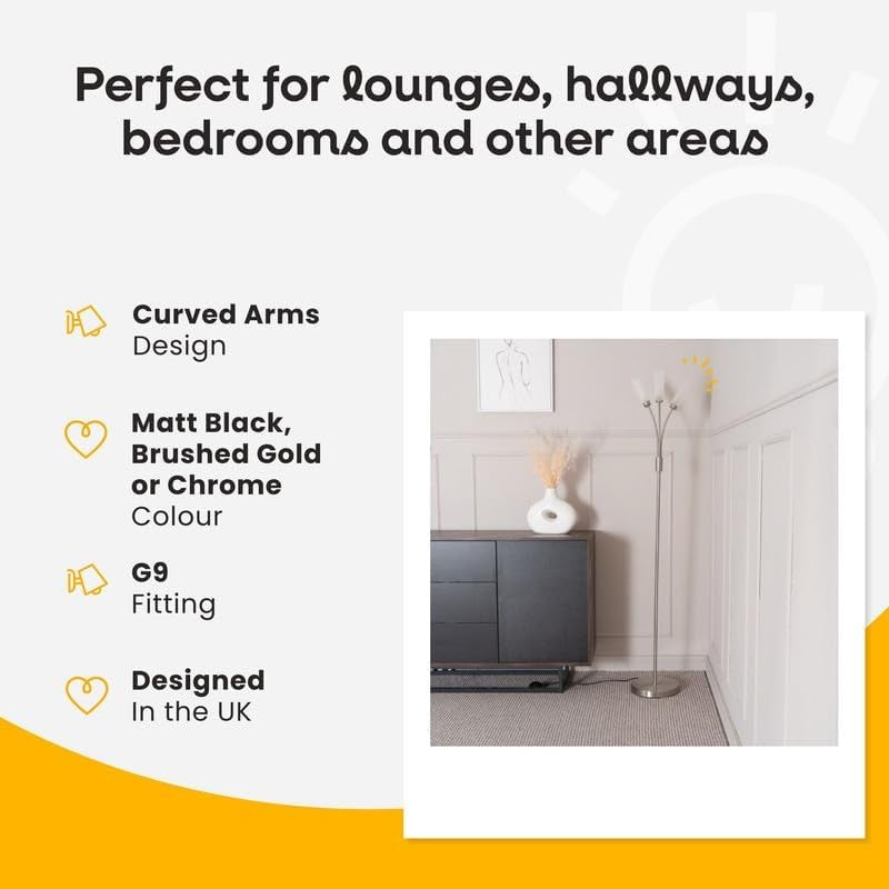 3 Arm Curved Floor Lamp Matt Black Modern Standing Light with Bulbs