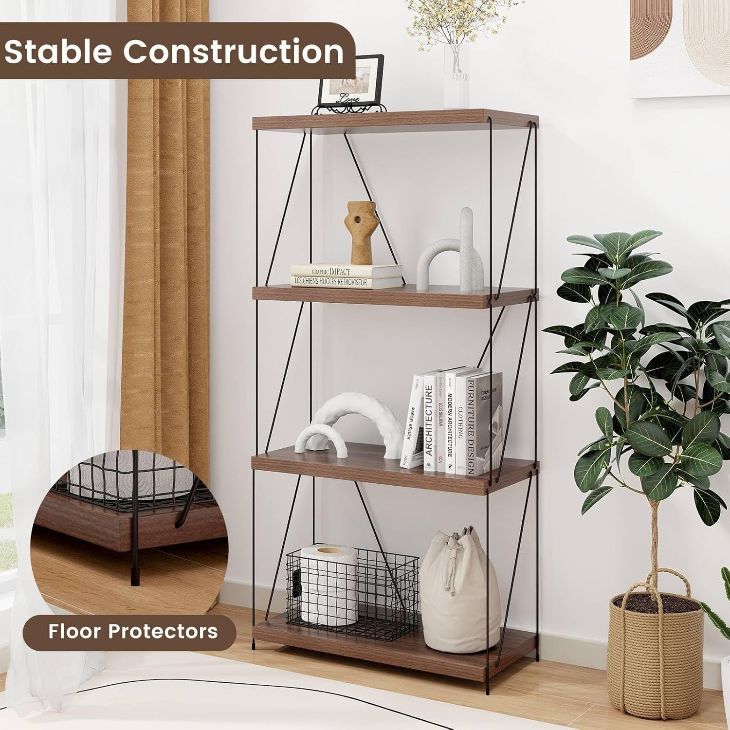 4-Tier Industrial Bookshelf Metal Frame Rustic Wood Storage Display Unit