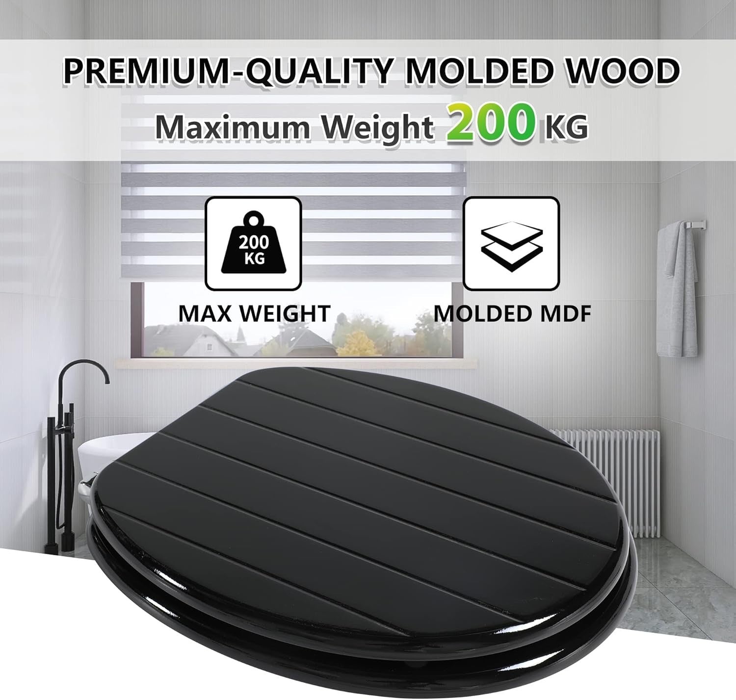 Black Wooden Toilet Seat Soft Close Quick Release Antibacterial Oval