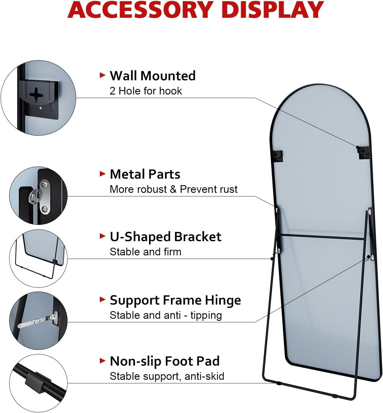 Arched Wall Full Length Mirror 160x60cm Aluminium Frame Floor Standing