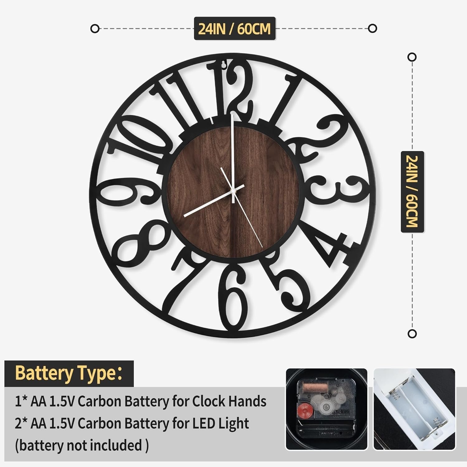 60CM Large Wall Clock LED Lighted Silent Non-Ticking Arabic Numerals Decor