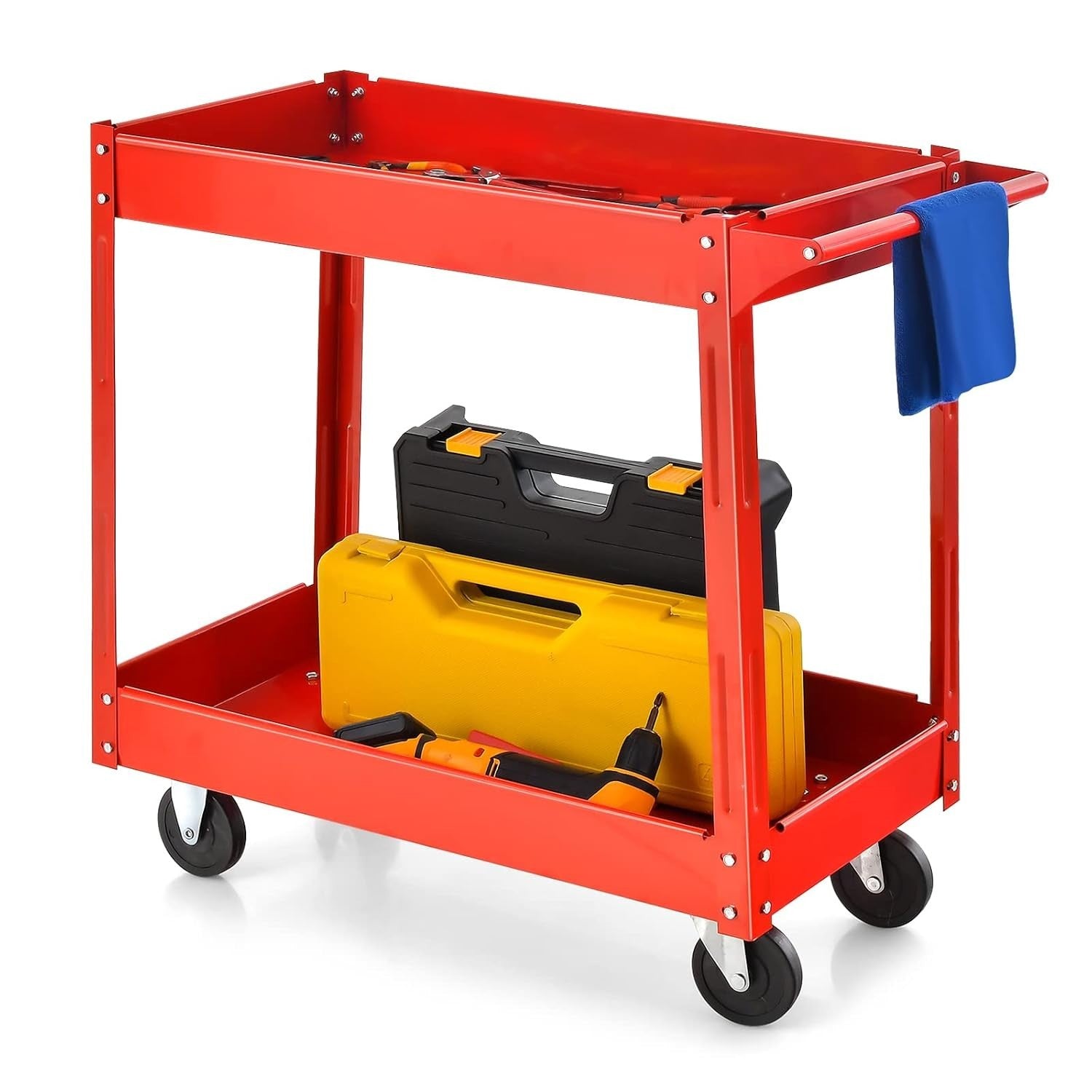 2 Tier Heavy Duty Rolling Utility Trolley Cart with Wheels Red