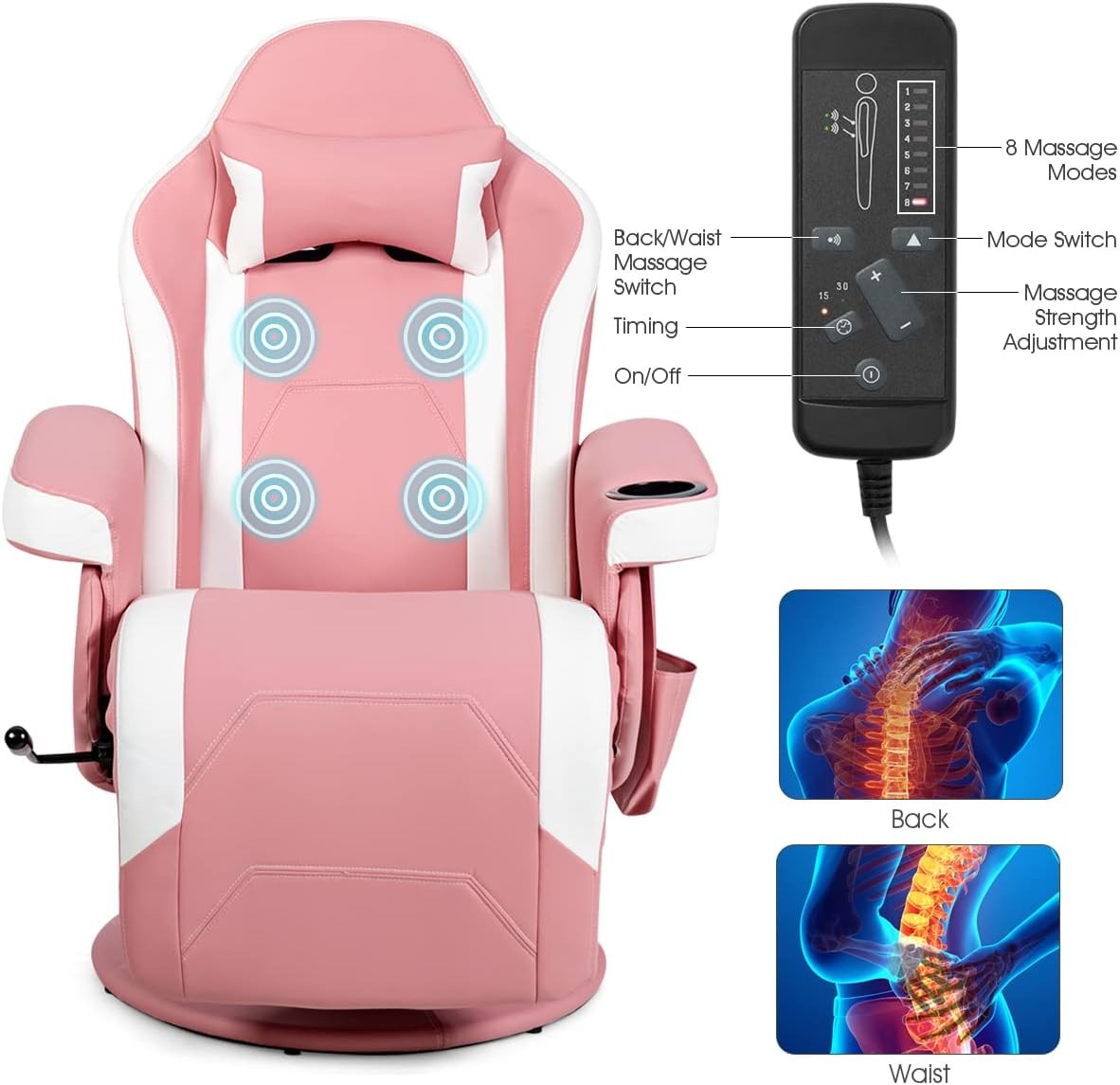 Massage Gaming Chair Recliner w/ Footrest Cup Holder Pink PU