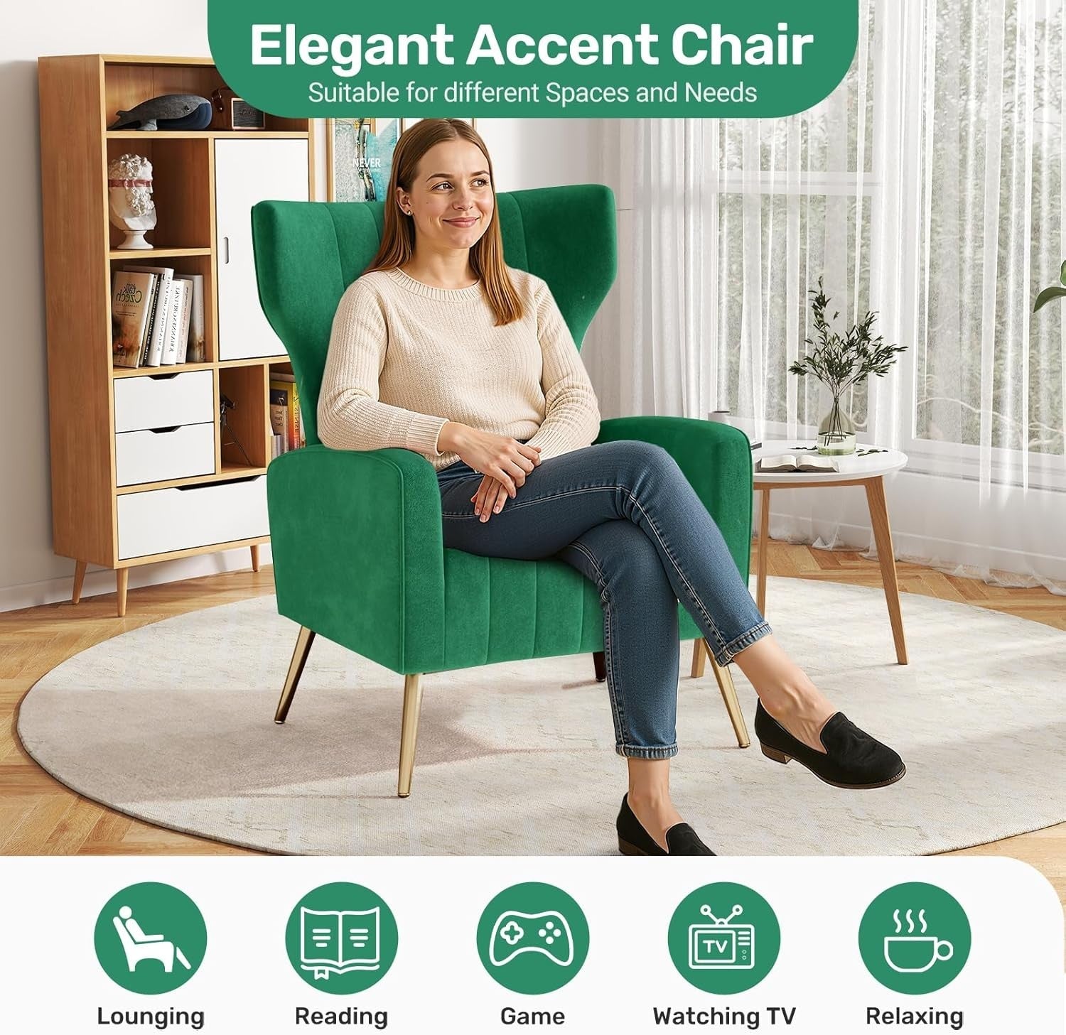 2x Green Velvet Recliner Chairs Gold Legs Lounge Armchairs Modern Set
