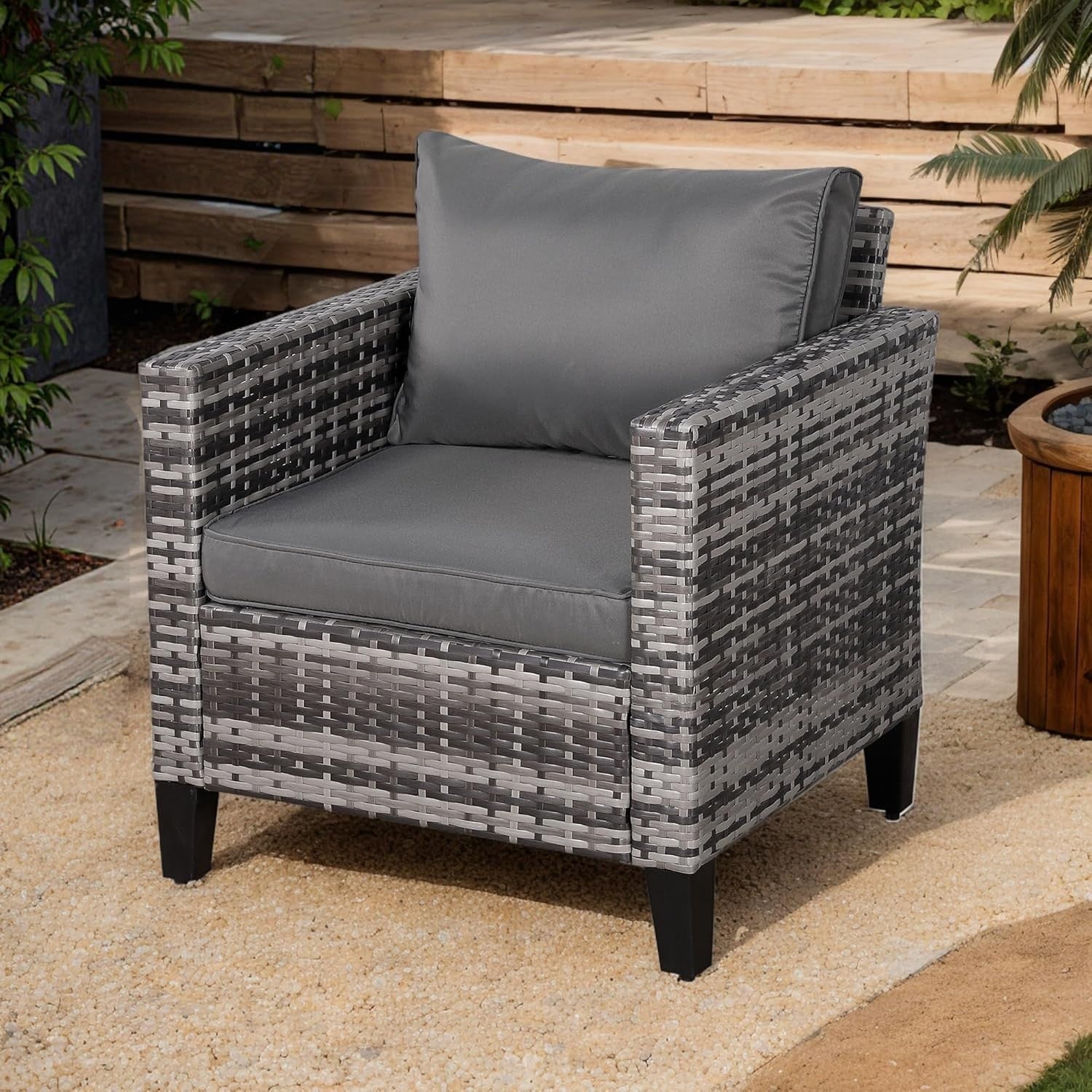 Outdoor Rattan Armchair Patio Seat with Cushions Compact Garden Lounge Chair