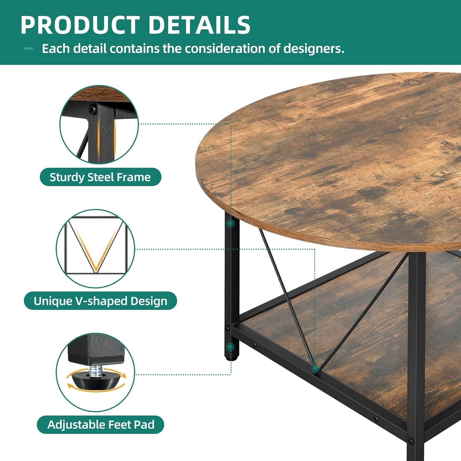 Round Coffee Table with Storage Shelf 80cm Industrial Rustic Metal Legs Brown