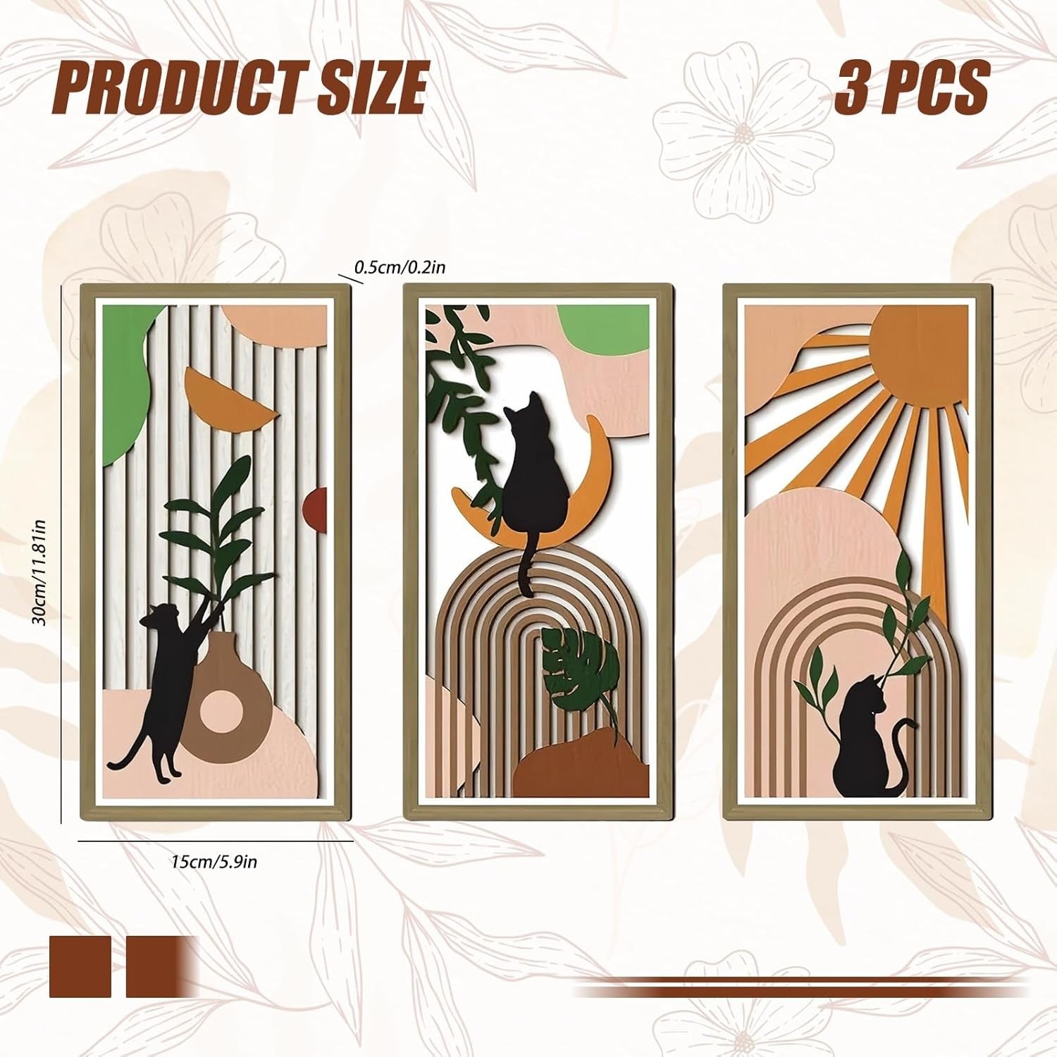 Boho Wooden Cat Wall Art Set 3Pcs Geometric Decor