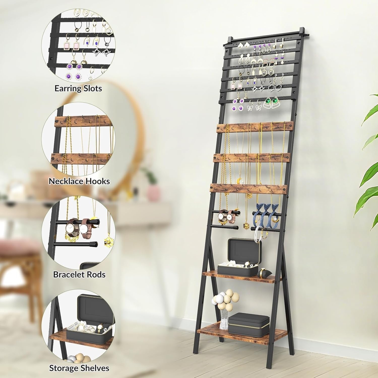 Brown Freestanding Jewellery Organizer Stand Large Necklace Earring Display