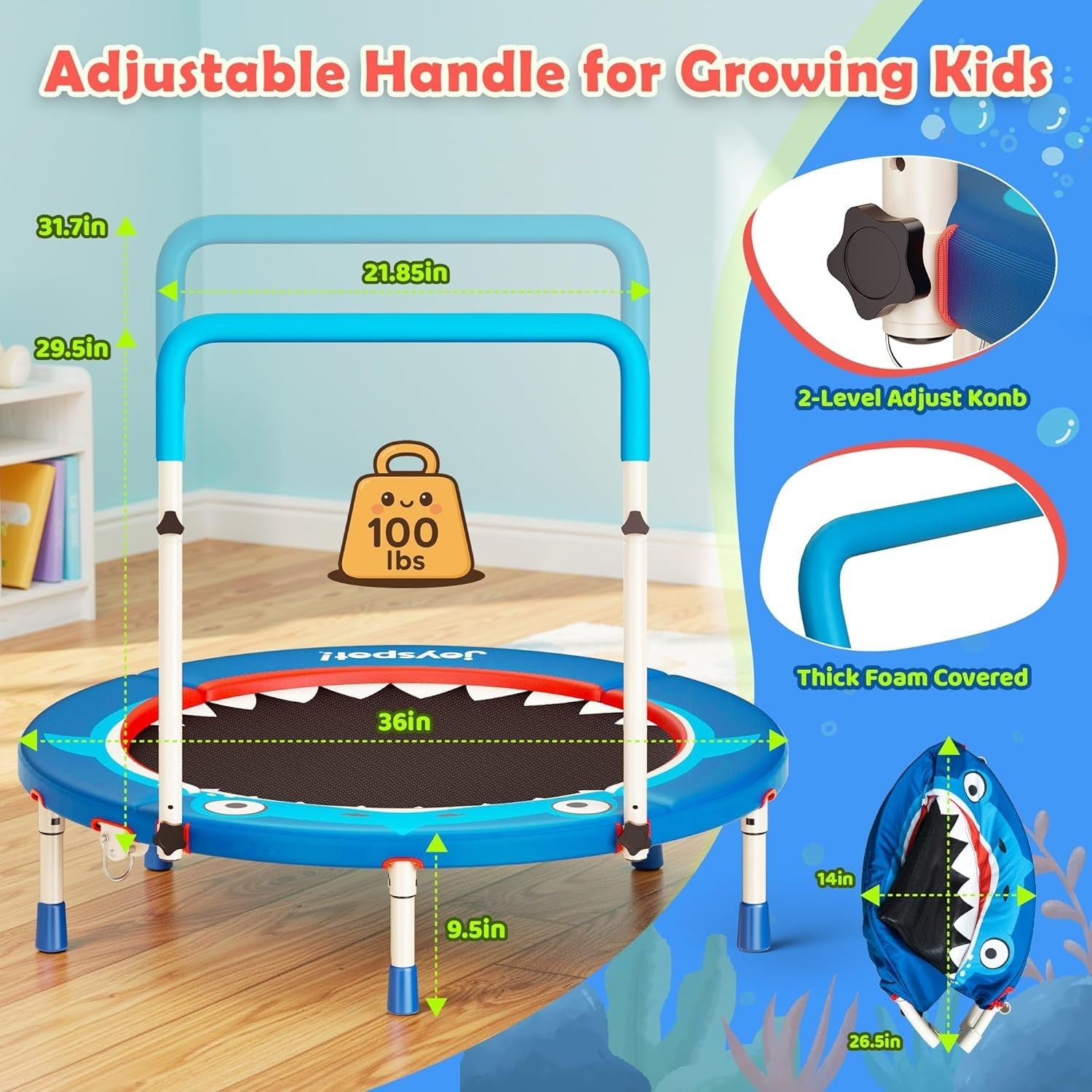 3ft Kids Trampoline Shark Design Foldable Toddler Jumper 100LB