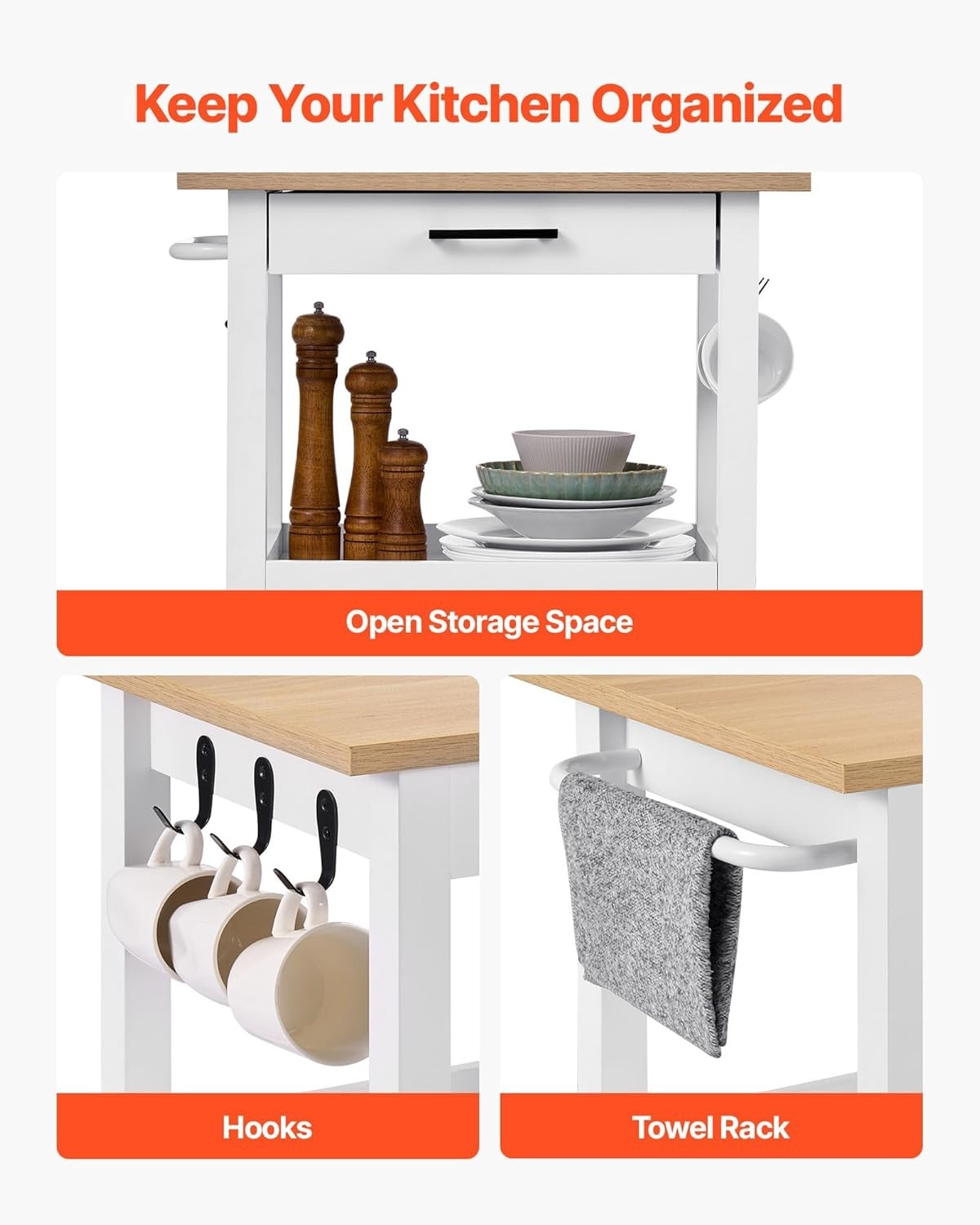 Rolling Kitchen Island Cart with Drawer, Cabinet, Wheels – 59x45cm White