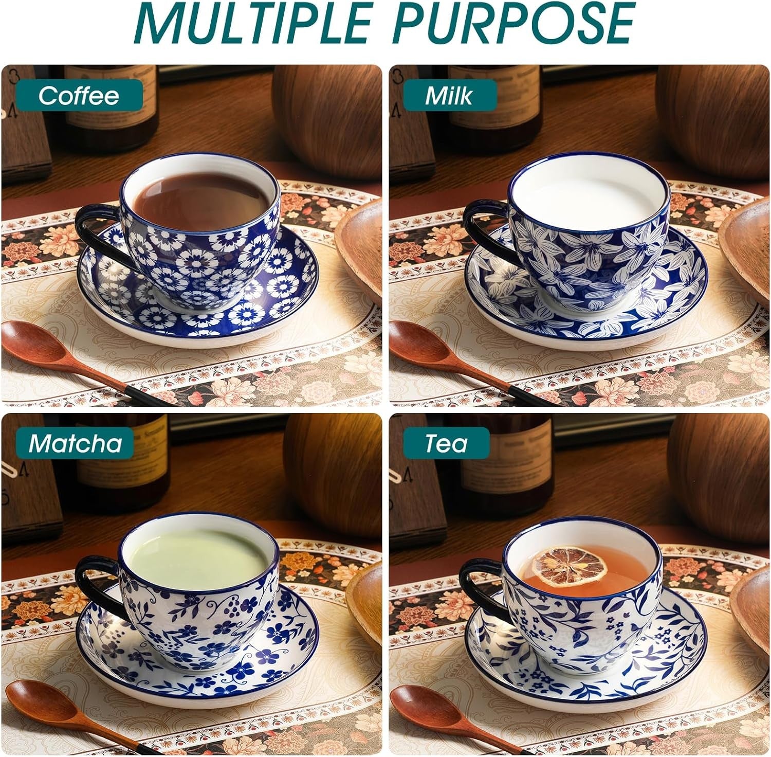 Espresso Cup & Saucer Set of 6 Blue White Porcelain Coffee Tea 240ml