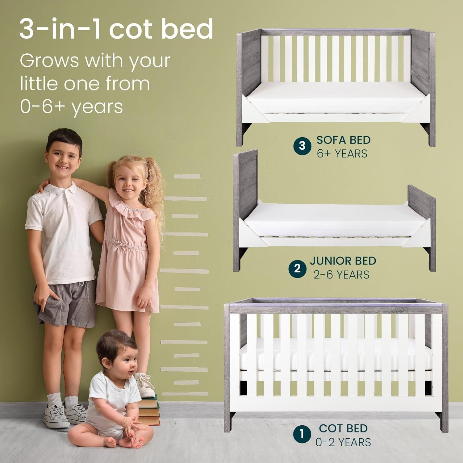 3in1 Wooden Baby Cot Bed Toddler Day Bed Adjustable Rails White/Grey Ash 140x70